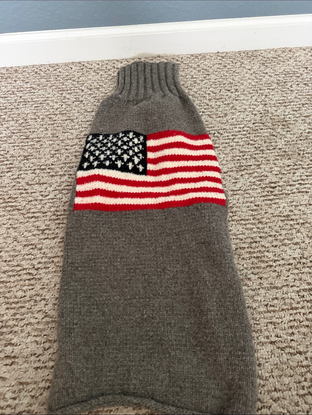 Grey Dog Sweater with American Flag Knit